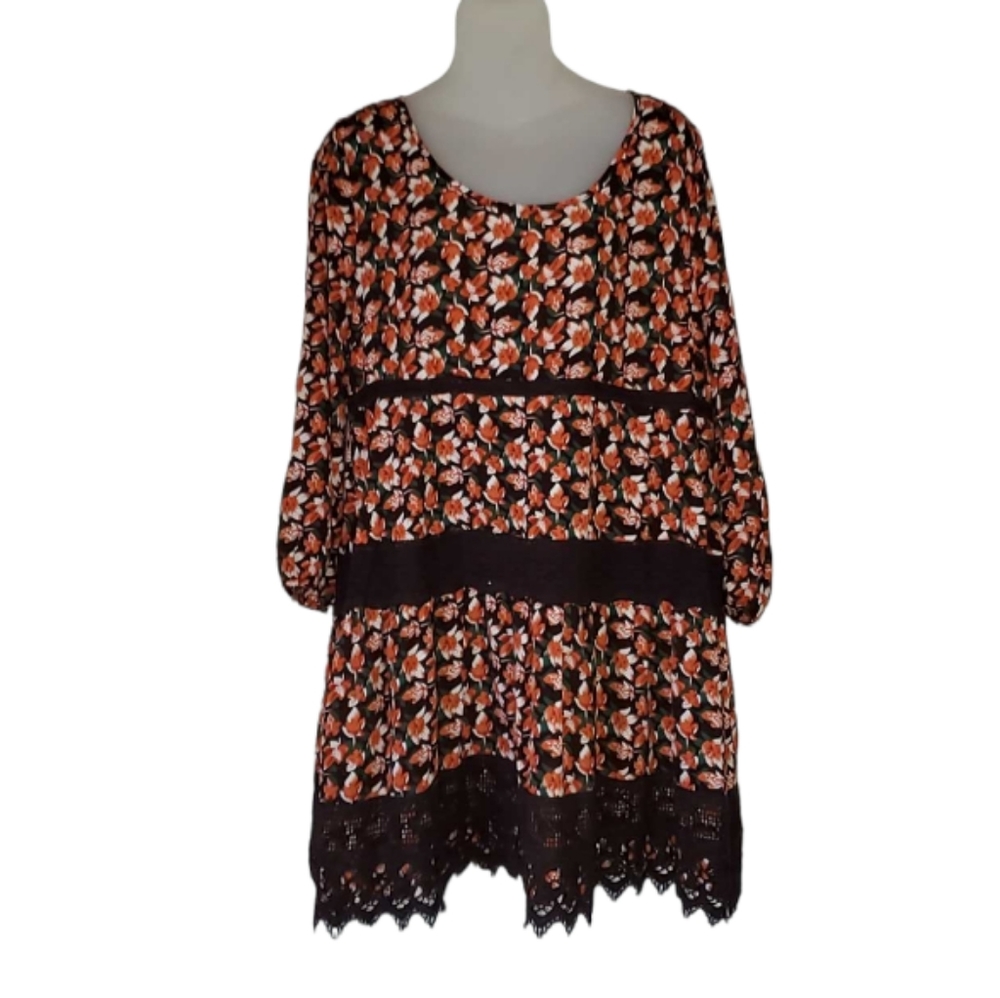 NWT ENTRO Dress Brown -Orange White & Green Fall Leaves Size Large Midi